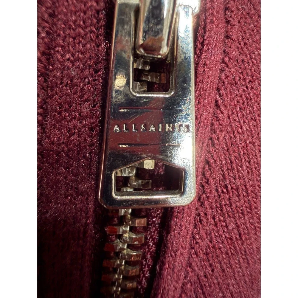 AllSaints Gina Drape Jacket Burgundy Oxblood Drawstring Waist Zip Pockets